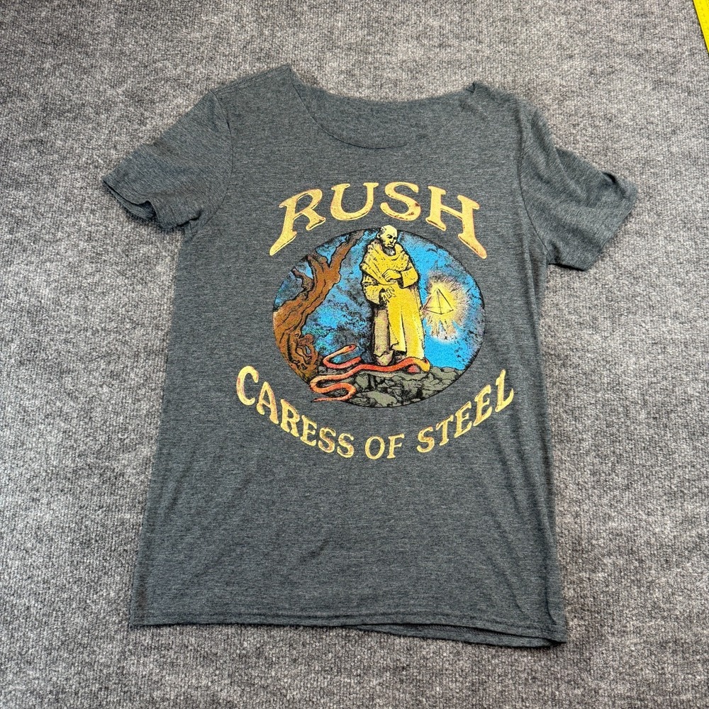 Rush Caress of Steel Shirt Adult S/M Heather Grey Cut Neck Distressed Band Tee